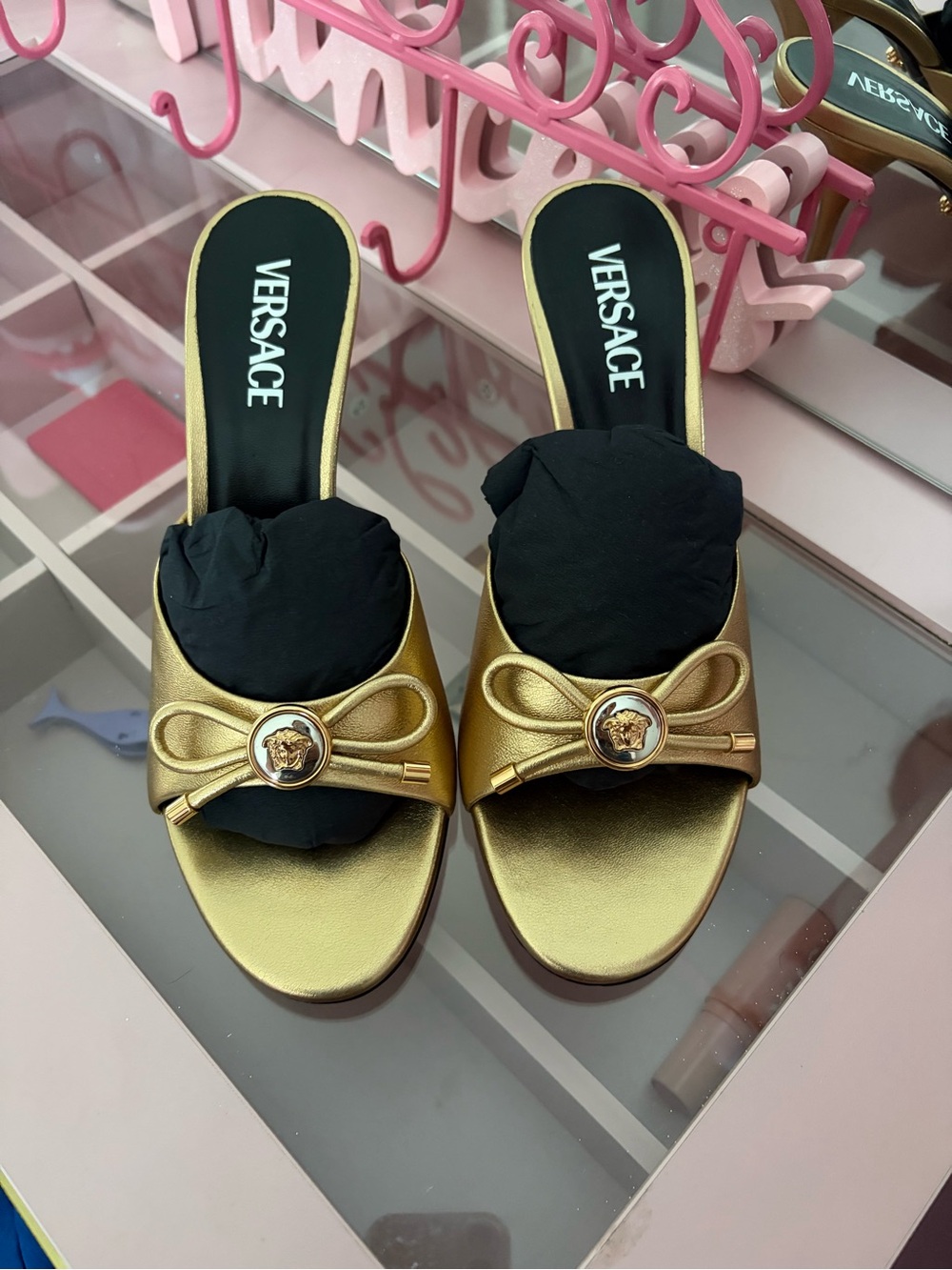 Versace Gold Bow-Accent Women's Heeled Mules - Picture 6 of 8